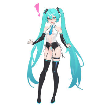 ! 1girl absurdres aqua_eyes aqua_necktie aqua_panties bare_shoulders belt black_boots boots breasts center_opening commentary detached_sleeves embarrassed full_body hatsune_miku highres long_hair necktie open_mouth panties partially_undressed shirt short_necktie sleeveless sleeveless_shirt solo standing striped_clothes striped_panties thigh_belt thigh_boots thigh_strap twintails two-tone_panties underwear untranslatable_commentary vocaloid white_panties white_shirt yunibobo