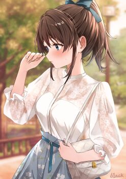 1girl absurdres b1ack_illust bag belt blue_belt blue_eyes blue_ribbon blue_skirt blurry blurry_background blush brown_hair cowboy_shot eyelashes fence floral_print floral_print_shirt floral_print_skirt frilled_sleeves frills grass hair_ribbon handbag highres idolmaster idolmaster_million_live! idolmaster_million_live!_theater_days lamppost looking_to_the_side outdoors park ponytail print_skirt ribbon satake_minako see-through_clothes shirt signature skirt solo sweatdrop tree white_shirt