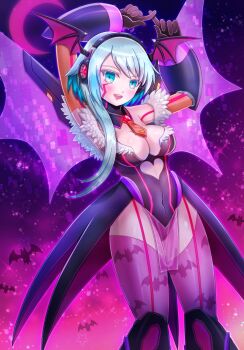 1girl animal_print arm_up bare_shoulders bat_print black_leotard blue_eyes blue_hair body_markings breasts cleavage clothing_cutout commentary_request commission cosplay cowboy_shot crescent_moon cutout_above_navel darkstalkers demon_wings energy_wings facial_mark gradient_background head_wings heart_cutout highres ico_(megaman_x_dive) kiwakiwa large_breasts leotard long_hair mega_man_(series) mega_man_x_(series) mega_man_x_dive moon morrigan_aensland morrigan_aensland_(cosplay) print_thighhighs purple_background purple_moon purple_thighhighs purple_wings ringed_eyes skeb_commission solo thighhighs wings