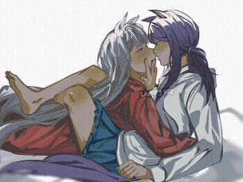 2girls animal_ears barefoot blue_shorts blush commentary_request gold_ship_(umamusume) hand_on_another&#039;s_face horse_ears horse_girl lampy_uikoko leg_lock long_hair mejiro_mcqueen_(umamusume) multiple_girls ponytail purple_hair red_shirt saliva saliva_trail shirt shorts umamusume white_hair white_shirt yuri