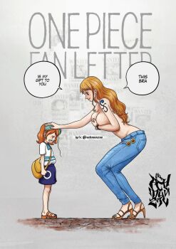 2girls achmunzav age_difference bra bra_lift breasts closed_eyes clothes_lift covering_breasts covering_privates crying denim highres huge_breasts jeans long_hair multiple_girls nami's_fangirl nami_(one_piece) nami_(one_piece)_(return_to_sabaody) one_piece one_piece_fan_letter onee-loli orange_hair pants reference_inset topless_female underwear unworn_bikini_top
