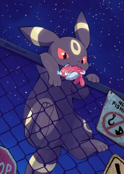 absurdres animal_focus black_eyes black_fur climbing colored_sclera eating fangs fence fish food food_in_mouth gen_2_pokemon highres komanychi nervous_sweating night night_sky nintendo no_humans outdoors pokemon pokemon_(creature) pokemon_focus red_eyes red_sclera sign sky sweat tail tatsugiri tatsugiri_(droopy) umbreon