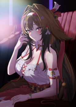 1girl absurdres animal_ears bare_shoulders blush breasts brown_hair cleavage commentary_request droopy_ears fox_ears fox_girl frills hair_ornament hairband highres ituka_kanau large_breasts long_hair looking_at_viewer official_alternate_costume red_eyes red_skirt shirt skirt solo very_long_hair white_hairband white_shirt ye_shunguang ye_shunguang_(touch_of_dawnlight) zenless_zone_zero