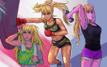 1girl black_sports_bra black_tank_top blonde_hair blue_eyes boxing boxing_gloves crop_top dumbbell dumbbell_nan_kilo_moteru? exercising green_eyes holding holding_dumbbell midriff navel punching_bag purple_shorts sakura_hibiki serious shoes shorts signature sneakers sports_bra tan tank_top towel towel_around_neck twintails v-shaped_eyebrows vasiliy-plumber wristband