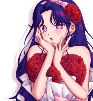 1girl :o alternate_costume bare_shoulders blush bouquet earrings flower hair_flower hair_ornament hands_up highres hoshino_ai jewelry lily_rong long_hair looking_at_viewer open_mouth oshi_no_ko parted_bangs purple_eyes purple_hair red_flower simple_background solo star-shaped_pupils star_(symbol) symbol-shaped_pupils