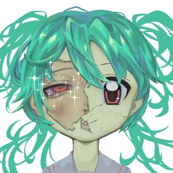 1girl 9_ron23 aqua_hair blood broken_mask commentary crack cracked_kawaii_mask english_commentary long_hair looking_at_viewer mask nosebleed open_mouth original portrait red_eyes sailor_collar simple_background solo sparkle straight-on twintails white_background