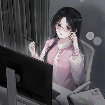 1girl artist_self-insert binder black-framed_eyewear black_hair brown_eyes buttons chair chinese_commentary collared_jacket commentary_request computer_keyboard curtains desk expressionless eyelashes flower glasses hand_on_own_face highres holding holding_stylus indoors jacket jersey light_blush light_particles lipstick long_hair long_sleeves looking_at_viewer makeup meng_qiao monitor on_chair open_clothes open_jacket original parted_lips paw_print paw_print_pattern pink_jacket pink_lips puffy_long_sleeves puffy_sleeves shirt single_sidelock sitting solo stylus teeth upper_body very_long_hair white_shirt white_sleeves