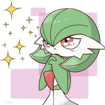 1girl :< artist_name blush bob_cut closed_mouth colored_skin female_focus gardevoir gen_3_pokemon green_hair green_skin hair_between_eyes half-closed_eyes hands_up interlocked_fingers light_blush looking_up monya multicolored_skin nintendo own_hands_together pink_background pokemon pokemon_(creature) red_eyes sad short_hair signature solo sparkle standing two-tone_skin upper_body white_skin