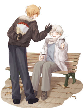 Rule 34 | 2boys, ahoge, america (hetalia), arm behind back, autumn leaves, axis powers hetalia, black gloves, black pants, blonde hair, blue jacket, blush, bouquet, brown jacket, brown shoes, closed eyes, commentary request, cup, disposable coffee cup, disposable cup, down jacket, flower, from behind, full body, fur-trimmed jacket, fur trim, gloves, grey pants, hair between eyes, hand up, happy, harutoro 39487, highres, holding, holding bouquet, holding cup, jacket, leaf, leather, leather jacket, long sleeves, male focus, multiple boys, on bench, open clothes, open jacket, open mouth, pants, puffy long sleeves, puffy sleeves, red flower, red rose, rose, russia (hetalia), scarf, shoes, short hair, simple background, sitting, smile, standing, steam, track jacket, white background, white hair, white jacket, white scarf