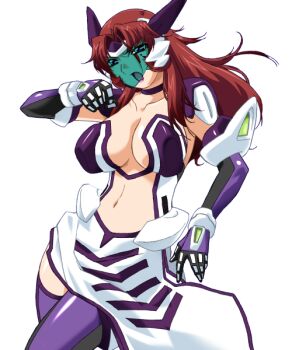 1girl akanejima_ranga armor blue_eyes breasts brown_hair center_opening choker cleavage covered_erect_nipples dress elbow_gloves game_cg gan-chan_(artist) gloves headgear hitozuma_sentai_aisaiger large_breasts large_variant_set lipstick long_hair magical_girl makeup mature_female midriff navel non-web_source official_art open_mouth parted_bangs purple_lips purple_thighhighs red_hair revealing_clothes saiger_orchid shoulder_armor side_slit solo standing thighhighs transparent_background variant_set