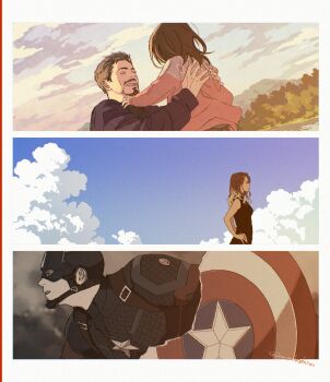 2boys 2girls artist_name avengers:_endgame avengers_(series) bare_shoulders black_shirt black_tank_top blonde_hair blue_bodysuit blue_eyes blue_sky bodysuit border brown_eyes brown_hair captain_america carrying carrying_person child closed_eyes closed_mouth cloud cloudy_sky collared_shirt commentary_request day facial_hair father_and_daughter from_behind gradient_hair grey_sky hands_on_own_hips helmet highres holding holding_shield jacket long_hair long_sleeves looking_to_the_side marvel medium_hair mochishio morgan_stark mountain multicolored_hair multiple_boys multiple_girls natasha_romanoff open_clothes open_jacket open_mouth outdoors pink_sweater puffy_long_sleeves puffy_sleeves purple_jacket red_hair shield shirt short_hair sky smile star_(symbol) steve_rogers superhero_costume sweater tank_top teeth tony_stark tree two-tone_hair upper_body wavy_hair white_border