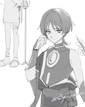 1boy armor bandaged_ankle bandaged_leg bandages blunt_ends bodysuit clenched_hand closed_mouth cnorkie covered_collarbone curled_fingers expressionless furisode genshin_impact greyscale highres holding holding_syringe hospital_gown japanese_armor japanese_clothes jewelry juban kimono kote looking_at_viewer male_focus monochrome neck_ring open_clothes open_kimono sash scaramouche_(genshin_impact) single_bare_shoulder single_off_shoulder slippers syringe tsurime turtleneck turtleneck_bodysuit twitter_username white_background wispy_bangs