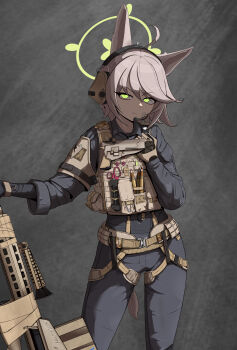 1girl absurdres ahoge animal_ear_fluff animal_ears anti-materiel_rifle barrett_m82 belt black_pants black_shirt black_suit blue_archive bulletproof_vest commentary_request formal_clothes fox_ears fox_girl fox_platoon_(blue_archive) fox_tail furrowed_brow glock gloves glowing glowing_eyes grey_hair gun halo hand_up handgun headphones highres holding holding_gun holding_weapon holster implied_extra_ears looking_at_viewer microphone military military_combat_uniform military_uniform odi original otogi_(blue_archive) pants rifle scissors scope shirt sniper_rifle standing suit tactical_clothes tactical_gloves tail weapon yellow_eyes yellow_halo