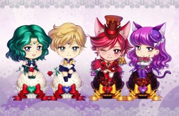 10s 4girls animal_ears aqua_hair bishoujo_senshi_sailor_moon blonde_hair blue_eyes blue_footwear blue_sailor_collar blue_skirt boots bouquet bow brooch brown_hat cat_ears chibi chocolate cure_chocolat cure_macaron dog_ears dog_tail earrings elbow_gloves extra_ears flower food-themed_hair_ornament gloves green_shoes green_skirt hair_ornament hat heart heart_brooch jewelry kaiou_michiru kay-i kenjou_akira kirakira_precure_a_la_mode knee_boots kotozume_yukari long_hair looking_at_viewer macaron_hair_ornament magical_girl mini_person minigirl multiple_girls neptune_symbol one_eye_closed outer_senshi parted_bangs precure purple_background purple_eyes purple_hair purple_legwear purple_skirt red_bow red_eyes red_flower red_footwear red_hair red_rose rose sailor_collar sailor_neptune sailor_senshi sailor_senshi_uniform sailor_uranus shoes short_hair skirt smile super_sailor_neptune super_sailor_uranus swept_bangs tail ten&#039;ou_haruka thigh_boots thighhighs thighhighs_under_boots top_hat trait_connection uranus_symbol wavy_hair white_gloves yellow_bow