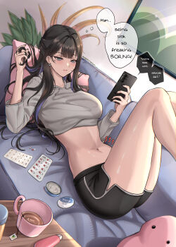 1girl ahoge black_hair black_nails black_shoes breasts cellphone center-flap_bangs closed_mouth coffee_mug commentary couch crop_top cropped_hoodie cup dolphin_shorts double-parted_bangs drawstring dutch_angle english_commentary english_text expressionless feet_out_of_frame fingernails grey_eyes grey_hoodie hair_spread_out highres hood hood_down hoodie indoors knees_up long_hair looking_at_phone lying mole mole_under_eye mug multicolored_hair nabi_(wonnikon) nail_polish navel on_back on_couch original patreon_username phone pill plant playing_with_own_hair potted_plant shiny_skin shoes short_shorts shorts sick smartphone solo speech_bubble stomach streaked_hair stuffed_toy tea thought_bubble vaseline window wonnikon