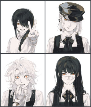 4girls biting_own_finger black_dress black_hair braid braided_ponytail chainsaw_man closed_mouth collared_shirt crying crying_with_eyes_open dress earrings facial_scar fami_(chainsaw_man) famine_devil_(chainsaw_man) fourth_east_high_school_uniform grey_hair gulljang hair_over_one_eye hair_over_shoulder hat highres jewelry long_hair medium_hair messy_hair mole mole_under_eye mole_under_mouth multiple_girls nayuta_(chainsaw_man) peaked_cap pinafore_dress ringed_eyes scar scar_on_cheek scar_on_face scar_on_nose school_uniform shirt sleeveless sleeveless_dress tears white_shirt yellow_eyes yoru_(chainsaw_man)