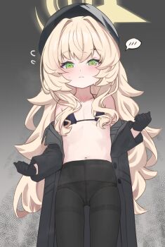 beret bikini black_bikini black_coat black_gloves black_hat black_pantyhose blue_archive blush coat flat_chest fluffy_hair gloves green_eyes halo hat highres loli no_pants no_shirt open_clothes open_coat panties panties_under_pantyhose pantyhose professor_niyaniya_(blue_archive) ren_ruisou side_ahoge spoken_blush swimsuit underwear yellow_halo
