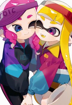 Rule 34 | 2girls, blonde hair, blue eyes, closed mouth, commentary, face-to-face, hat, highres, holding hands, inkling, inkling girl, inkling player character, jacket, long hair, multiple girls, nintendo, octoling, octoling girl, octoling player character, one eye closed, open mouth, pink eyes, pink hair, pink hat, red hat, sabata saba, smile, splatoon (series), splatoon 3, tentacle hair, visor cap, yuri