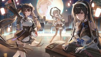 3girls absurdres arm_up arms_up black_bow black_hair blue_bow bow china_dress chinese_clothes city clothing_cutout commentary_request daiyan_(girls&#039;_frontline_2) dress ekina_(1217) full_moon girls&#039;_frontline girls&#039;_frontline_2:_exilium guzheng hair_between_eyes hairband highres instrument jiangyu_(girls&#039;_frontline_2) k2_(girls&#039;_frontline) korean_commentary long_hair long_sleeves moon multiple_girls music one_side_up open_mouth playing_instrument short_sleeves shoulder_cutout smile standing straight_hair swept_bangs thigh_strap twintails type_95_(girls&#039;_frontline) type_97_(girls&#039;_frontline) white_hairband yellow_eyes yoohee_(girls&#039;_frontline_2)