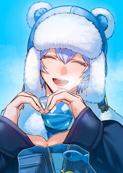Rule 34 | 1boy, :d, animal ear headwear, bear boy, bear hat, blue hat, breath, closed eyes, cloud, cloudy sky, cold, commentary, facing viewer, fake animal ears, fur hat, hair between eyes, hat, heart, heart hands, heartopia, highres, jacket, long sleeves, male focus, open mouth, outdoors, simple background, sky, sleeves past wrists, smile, solo, teeth, tyamaru0121, upper teeth only, ushanka, vanya (heartopia), white hair, winter clothes