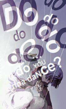 Rule 34 | 1boy, arm at side, arm behind back, bent over, black bodysuit, blunt ends, bodysuit, closed eyes, closed mouth, daydreeaaaming, english text, eyelashes, facing down, genshin impact, gold, gradient background, grey kimono, grey sleeves, highres, japanese clothes, jewelry, juban, kimono, layered sleeves, male focus, mitsudomoe (shape), neck ring, o-ring, puppet strings, purple background, purple hair, purple sash, purple sleeves, red kimono, sash, scaramouche (genshin impact), single sode, solo, tassel, tomoe (symbol), white kimono, wispy bangs