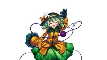 Rule 34 | 1girl, ^ ^, beaten, closed eyes, green eyes, green hair, harukawa moe, hat, komeiji koishi, long sleeves, official art, open mouth, shirt, skirt, solo, tachi-e, third eye, torn clothes, touhou, urban legend in limbo, wide sleeves