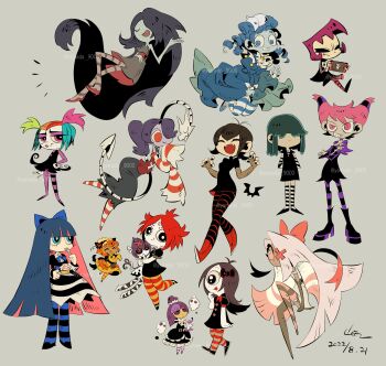 Rule 34 | 6+girls, adventure time, black hair, blackberry cookie, blue hair, cookie run, creepie creecher, crossover, cupcake, darkstalkers, dated, dc comics, food, frankelda, frankelda's book of spooks, gazlene membrane, gingerbread man, growing up creepie, hellaverse, highres, hotel transylvania, invader zim, iris (ruby gloom), jinx (dc), lucy loud, marceline abadeer, mavis dracula, multiple crossover, multiple girls, nintendo switch, panty &amp; stocking with garterbelt, pink hair, pumpkin pie cookie, ruby gloom, ruby gloom (character), simple background, skullgirls, squigly (skullgirls), stocking (psg), teen titans, the loud house, thighhighs, trait connection, vaggie, yamada9000