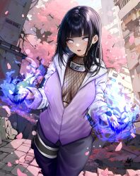 Rule 34 | 1girl, absurdres, bicio, black hair, black pants, blunt bangs, breasts, byakugan, cherry blossoms, commentary, cowboy shot, energy, english commentary, falling petals, fishnet top, fishnets, forehead protector, highres, hime cut, holster, hyuuga hinata, incredibly absurdres, jacket, konohagakure symbol, large breasts, long hair, looking at viewer, naruto (series), naruto shippuuden, paid reward available, pants, parted lips, petals, purple jacket, rubble, solo, spanish commentary, tears, thigh holster, tree, white eyes