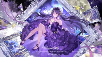 1girl absurdly_long_hair absurdres ankle_ribbon bare_shoulders chinese_commentary commentary_request commission crack cracked_glass dress elbow_gloves fanhua18107 floating floating_hair frilled_dress frills full_body full_moon glass_shards gloves gown hair_ornament hexagram high_heels highres infinity_nikki jewelry lace lace-trimmed_gloves lace_trim leg_ribbon long_dress long_hair looking_ahead moon necklace nikki_(series) object_floating_above_hand open_mouth picture_frame print_dress purple_dress purple_eyes purple_gloves purple_hair purple_ribbon purple_shoes ribbon sample_watermark shoes sidelocks solo star_(symbol) star_hair_ornament star_necklace star_print star_sea_(nikki) stiletto_heels strapless strapless_dress very_long_hair watermark