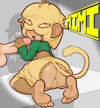 1boy 1girl animal_ears anus ass barefoot blonde_hair bottomless calamity33 character_name cleft_of_venus crop_top feet from_behind full_body furry furry_female green_shirt hair_over_eyes handjob long_sleeves looking_back monkey_ears monkey_girl monkey_tail open_mouth original penis pussy shirt short_hair sitting smile soles solo_focus sweat tail thick_eyebrows thick_thighs thighs toes uncensored veins veiny_penis wariza