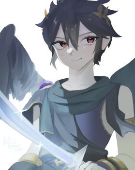 1boy ahoge armlet black_hair black_wings closed_mouth commentary_request dark_pit fingerless_gloves gloves gold_armlet hair_between_eyes highres holding holding_sword holding_weapon jewelry kid_icarus kid_icarus_uprising laurel_crown male_focus nintendo red_eyes scarf sidelocks simple_background smile spiked_hair sword upper_body weapon white_background wings yuuri_snpr