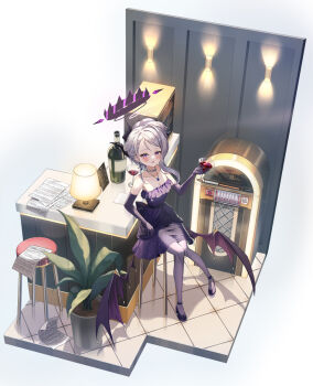 1girl alcohol bar_stool black_horns blue_archive blush bottle breasts caba_(caba091) cleavage cross-section cup demon_horns demon_wings dress drinking_glass earrings elbow_gloves evening_gown floating_earrings gloves halo highres hina_(blue_archive) hina_(dress)_(blue_archive) holding holding_cup horns jewelry jukebox looking_at_viewer looking_up multicolored_halo multiple_horns musical_note napkin official_alternate_costume official_alternate_hairstyle pantyhose pendant plant potted_plant purple_dress purple_eyes purple_gloves purple_pantyhose purple_wings sheet_music simple_background small_breasts solo stool strapless strapless_dress tile_floor tiles two-tone_halo wall_lamp white_background wine wine_bottle wine_glass wings