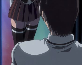 00s 1boy 1girl 2002 animated animated_gif anime_screenshot bible_black bible_black_night_of_the_walpulgiss black_hair black_thighhighs blonde_hair breasts cleavage drill_hair drill_sidelocks green_eyes large_breasts long_hair minase_taki necktie outdoors red_necktie school school_uniform shiraki_rika shirt sidelocks smile standing suspenders tagme thighhighs