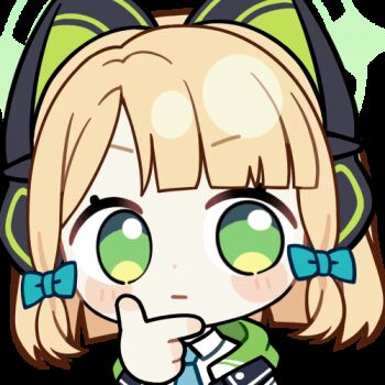 1girl :| animal_ear_headphones animal_ears animated animated_gif aqua_necktie blinking blonde_hair blue_archive blunt_bangs blunt_ends blush_stickers bow cat_ear_headphones cat_ears chibi chunye_haruya closed_mouth collared_shirt commission disembodied_hand dot_nose fake_animal_ears green_bow green_eyes green_halo green_jacket hair_bow halo hand_on_own_chin headphones hood hooded_jacket jacket low-tied_sidelocks lowres medium_hair midori_(blue_archive) missing_commentary necktie open_clothes open_jacket parted_bangs school_uniform second-party_source shirt sidelocks simple_background solo stroking_own_chin thinking transparent_background upper_body white_shirt