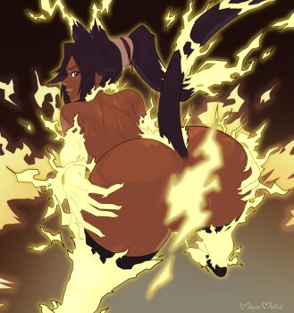 1girl absurdres animal_ears ass bent_over black_hair bleach brown_background cat_ears cat_girl cat_tail commentary convenient_censoring dark-skinned_female dark_skin electricity from_behind gradient_background high_ponytail highres long_hair looking_at_viewer looking_back maho_malice nude ponytail shihouin_yoruichi tail