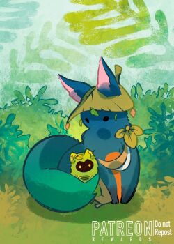 animal_ear_fluff animalization bush collei_(genshin_impact) commentary_request flower forest fox genshin_impact holding holding_flower leaf_hat nagarnia nature no_humans tighnari_(genshin_impact) yellow_flower