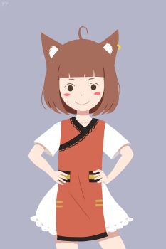 Rule 34 | 1girl, ahoge, animal ear fluff, animal ear piercing, animal ears, black trim, blunt bangs, blush stickers, bob cut, brown eyes, brown hair, cat ears, chen, closed mouth, collarbone, contrapposto, cowboy shot, dress, earrings, flat color, foul detective satori, grey background, hands on own hips, highres, jewelry, looking at viewer, no sclera, non-web source, parody, red dress, self-upload, short hair, short sleeves, simple background, single earring, smile, solid circle eyes, solo, standing, straight-on, style parody, touhou, two-tone dress, white dress, yyf (seaknight)