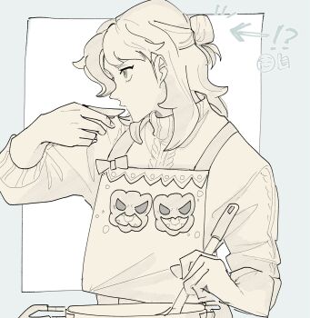 !? 1boy apron arrow_(symbol) arven_(holiday_2025)_(pokemon) arven_(pokemon) character_print commentary_request greyscale_with_colored_background hair_bun highres holding holding_whisk male_focus nintendo official_alternate_costume pokemon pokemon_masters_ex shiki_(penguin3ka) solo sweater upper_body whisk