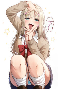 1girl absurdres blue_eyes blue_skirt blush bow bowtie breasts brown_sweater cleavage fake_nails hair_ornament hairclip highres kirinagi35 large_breasts long_sleeves looking_at_viewer loose_socks open_mouth original panties pantyshot piercing pink_nails red_bow red_bowtie school_uniform shirt simple_background skirt smile socks solo squatting star_(symbol) star_hair_ornament striped_clothes striped_panties sweater tongue tongue_out tongue_piercing underwear white_background white_shirt
