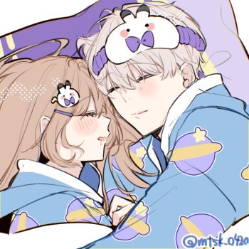 1boy 1girl blush brown_hair closed_eyes couple cuddling drooling grey_hair hair_ornament hetero love_and_deepspace matching_outfits mouth_drool mtsk_0420 pajamas pillow protagonist_(love_and_deepspace) rabbit_hair_ornament sleep_mask sleeping sleepwear watermark xavier_(love_and_deepspace)