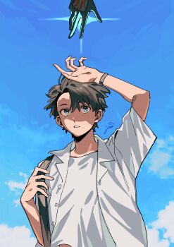 2boys 877au_lait absurdres arm_up bag black_gloves black_hair blue_eyes blue_sky casual clothing_cutout cloud collared_shirt command_spell commentary day dual_persona fate/grand_order fate_(series) fujimaru_ritsuka_(male) glove_cutout gloves highres holding_strap layered_shirt looking_up male_focus multiple_boys outdoors parted_bangs parted_lips reaching reaching_towards_another shirt short_hair short_sleeves shoulder_bag signature sky star_(sky) sweat white_shirt wristband