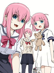 1boy 3girls blue_eyes bocchi_the_rock! chestnut_mouth dog dress gotoh_futari gotoh_michiyo gotoh_naoki hair_between_eyes jimihen long_hair looking_at_viewer minami-ke multiple_girls parody pink_hair red_dress red_ribbon ribbon school_uniform shiba_inu short_hair siblings side_ahoge simple_background sisters stuffed_animal stuffed_toy teddy_bear torako_(toramaru) video_camera white_background