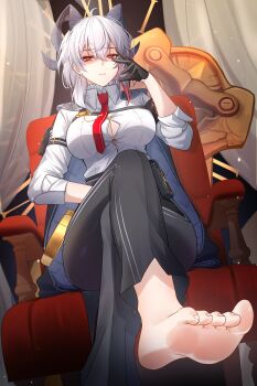 1girl absurdres ahoge anzusouda arm_pouch armband barefoot black_armband black_gloves black_horns black_pants breasts button_gap chest_harness closed_mouth collared_shirt commentary crossed_legs curled_horns earrings feet gloves hair_between_eyes hand_up harness high-waist_pants highres horns jewelry key_earrings large_breasts long_hair looking_at_viewer mole mole_under_eye multicolored_hair necktie pants partially_shaded_face red_eyes red_necktie shirt shirt_tucked_in sitting soles solo streaked_hair tight_clothes tight_pants toes white_hair white_shirt wuthering_waves zani_(wuthering_waves)