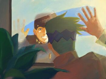 Rule 34 | 2boys, black hair, commentary, condensation, diamond wa kudakenai, earrings, english commentary, green eyes, green hair, grin, hand on window, headband, higashikata josuke, highres, jewelry, jojo no kimyou na bouken, kishibe rohan, long sleeves, male focus, multiple boys, plant, pompadour, smile, window, window fog, wolftree