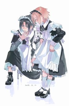 1boy 1girl apron apron_lift black_dress black_hair black_hairband black_shoes black_socks blush chain clothes_lift collared_dress crossdressing crossdressing_(mtf) dress frilled_apron frills full_body hairband hand_to_own_mouth haruno_sakura highres long_dress long_sleeves maid maid_apron maid_headdress mary_janes naruto_(series) neck_ribbon olintsu7382 parted_bangs pink_hair ribbon shoes short_hair sitting socks standing uchiha_sasuke white_apron white_background white_ribbon white_socks