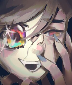 Rule 34 | 1boy, blue eyes, blue nails, broken mask, brown hair, cracked kawaii mask, douma (kimetsu no yaiba), empty eyes, fangs, fingernails, hair between eyes, half-closed eyes, hand on own face, hand up, highres, kimetsu no yaiba, long fingernails, male focus, mask, multicolored eyes, mymuse 0n1on, nail polish, open mouth, pink eyes, short hair, smile, solo, sparkling eyes, teeth, upper body, yellow eyes