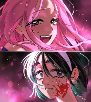 2girls absurdres alien_stage alternate_universe black_hair blood blood_on_face commentary earrings english_commentary green_eyes hairband hawk_till highres jewelry long_hair mizi_(alien_stage) multiple_girls open_mouth pink_hair purple_eyes short_hair smile sphere_earrings sua_(alien_stage) white_hairband