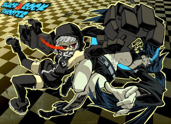 belt bikini black_rock_shooter black_rock_shooter_(character) black_shorts blue_eyes blue_hair boots breasts fighting flame_print front-tie_bikini_top front-tie_top hood hoodie mechanical_arms medium_breasts pale_skin rafchu red_eyes scar shorts strength_(black_rock_shooter) swimsuit twintails white_hair