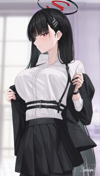 1girl absurdres black_hair black_jacket black_skirt blue_archive blush breasts chest_harness collared_shirt hair_ornament hairclip halo harness highres jacket large_breasts long_hair long_sleeves looking_at_viewer off_shoulder red_eyes rio_(blue_archive) shirt skirt solo white_shirt yamikyon
