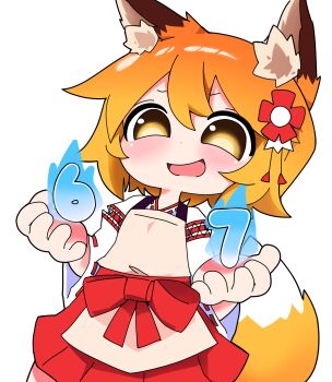 1girl 67_(meme) animal_ear_fluff animal_ears apron fire flower fox_ears fox_girl fox_tail furrowed_brow hair_between_eyes hair_flower hair_ornament highres holding light_blush looking_at_viewer nickrougha nose open_mouth orange_hair red_ribbon ribbon ribbon-trimmed_sleeves ribbon_trim senko_(sewayaki_kitsune_no_senko-san) sewayaki_kitsune_no_senko-san short_hair short_sleeves simple_background smile smug standing tail white_background yellow_eyes